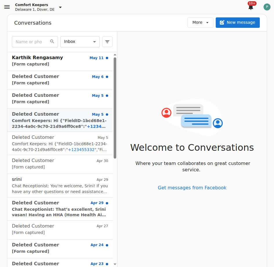 Conversations inbox with captured leads